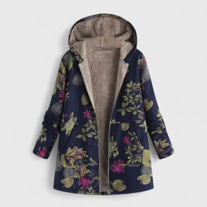 Floral Zip-Up Hood Parka with Sherpa Lining