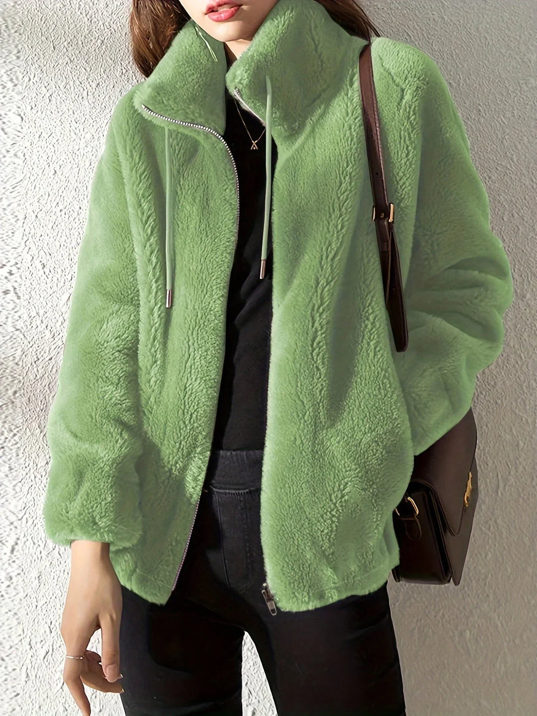 Zip-Up Stand Collar Jacket with Drawstring Waist