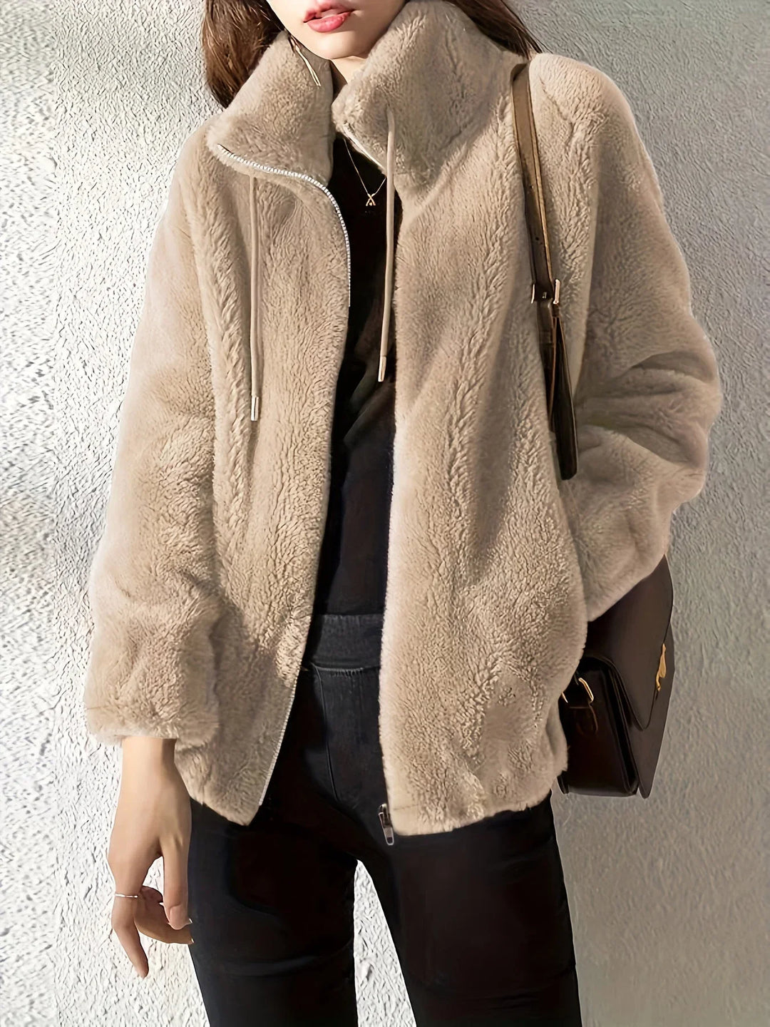 Zip-Up Stand Collar Jacket with Drawstring Waist