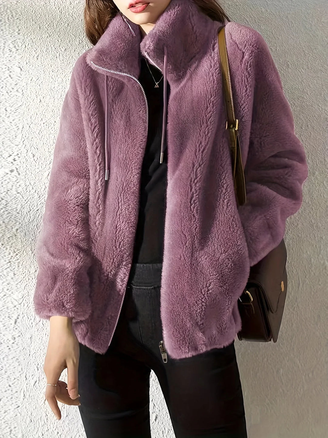 Zip-Up Stand Collar Jacket with Drawstring Waist