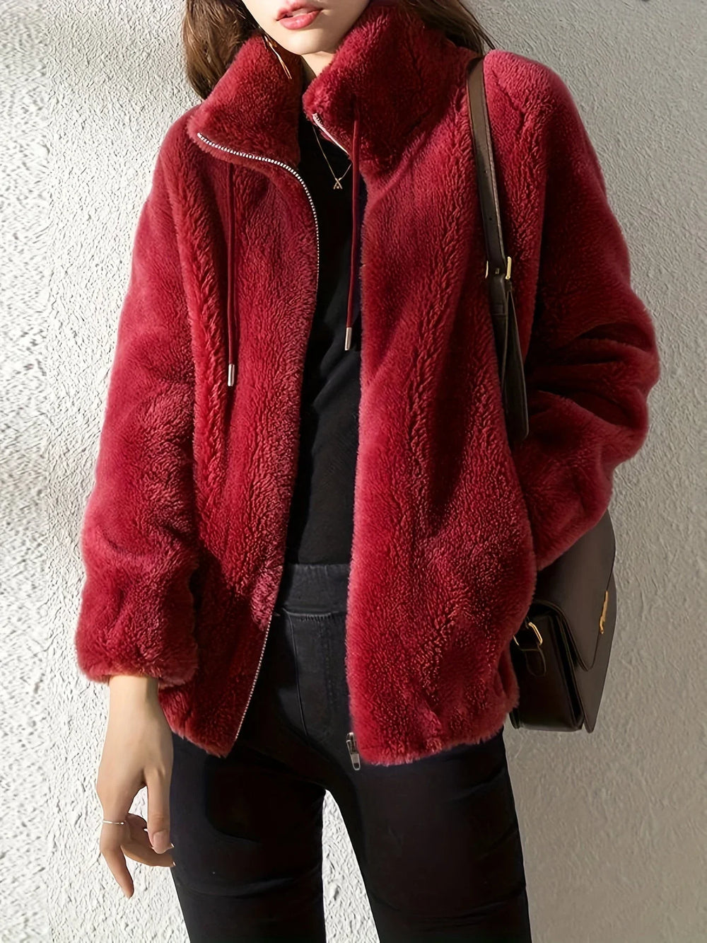 Zip-Up Stand Collar Jacket with Drawstring Waist