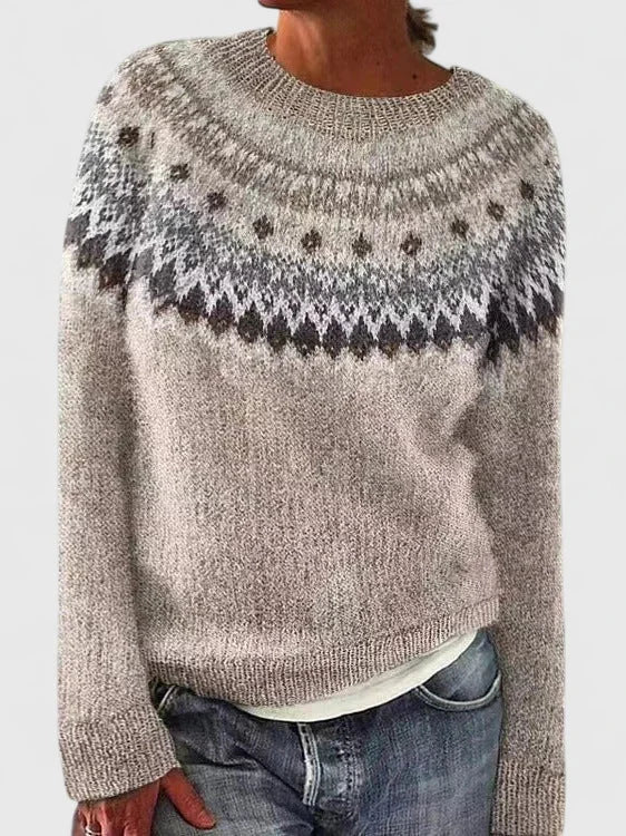 Fair Isle Knit Crew Neck Jumper with Patterned Yoke