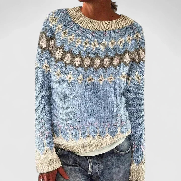 Fair Isle Knit Crew Neck Jumper with Patterned Yoke