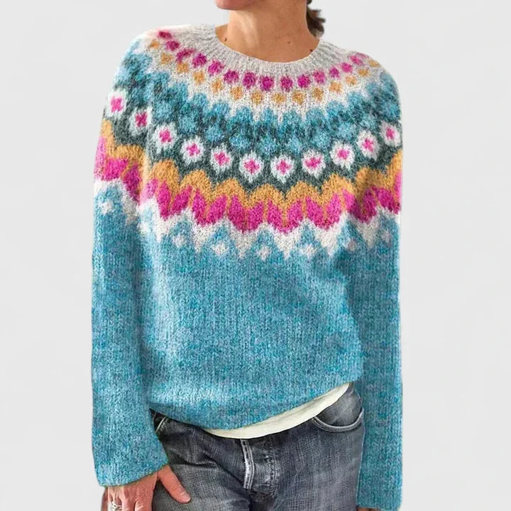 Fair Isle Knit Crew Neck Jumper with Patterned Yoke