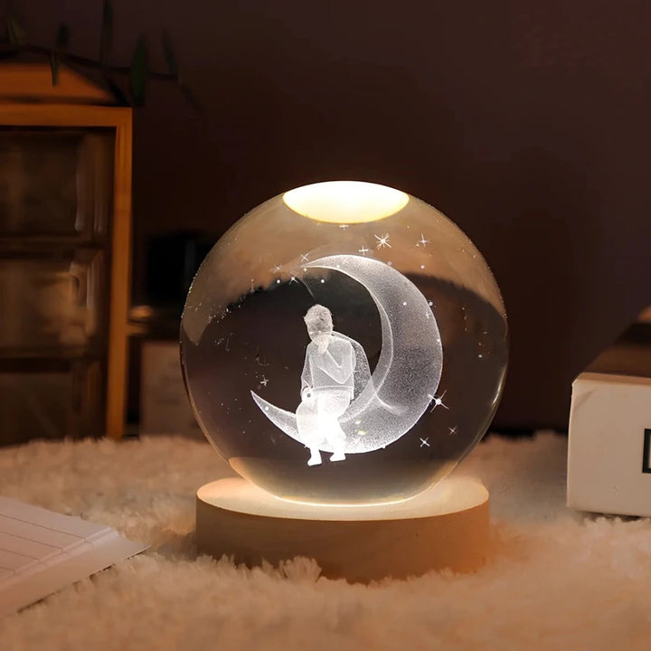 Crystal Lamp Ball Night Light 3D Laser Engraved Glass Wooden Base USB LED Decorative