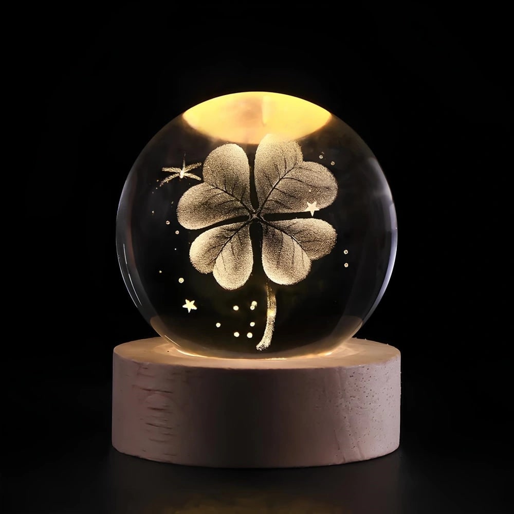 Crystal Lamp Ball Night Light 3D Laser Engraved Glass Wooden Base USB LED Decorative