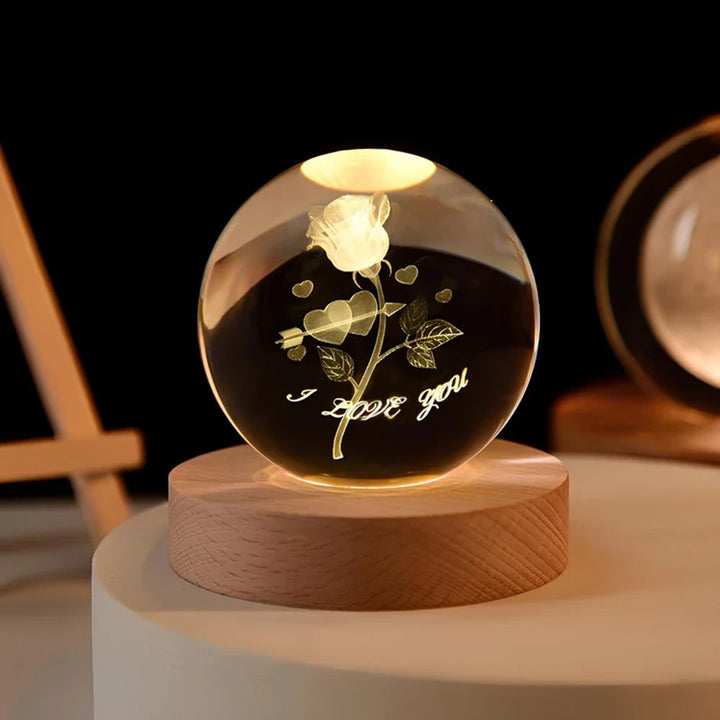 Crystal Lamp Ball Night Light 3D Laser Engraved Glass Wooden Base USB LED Decorative