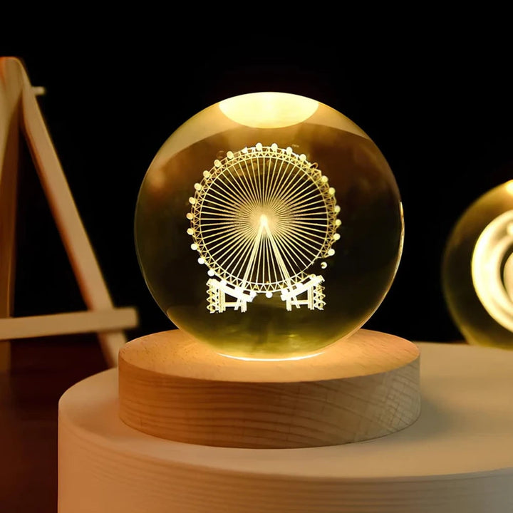 Crystal Lamp Ball Night Light 3D Laser Engraved Glass Wooden Base USB LED Decorative