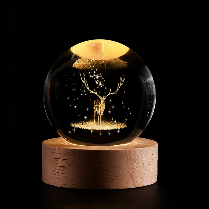 Crystal Lamp Ball Night Light 3D Laser Engraved Glass Wooden Base USB LED Decorative