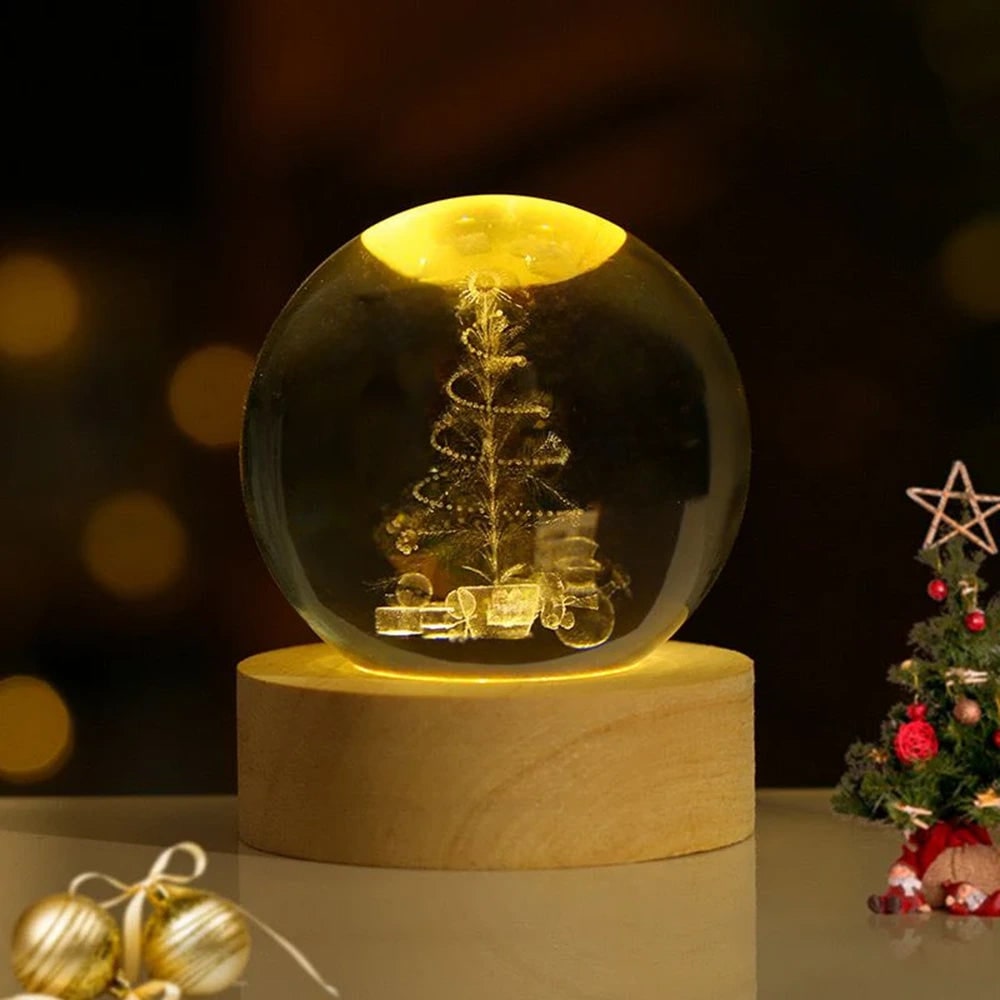 Crystal Lamp Ball Night Light 3D Laser Engraved Glass Wooden Base USB LED Decorative
