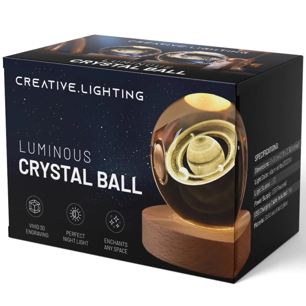 Crystal Lamp Ball Night Light 3D Laser Engraved Glass Wooden Base USB LED Decorative