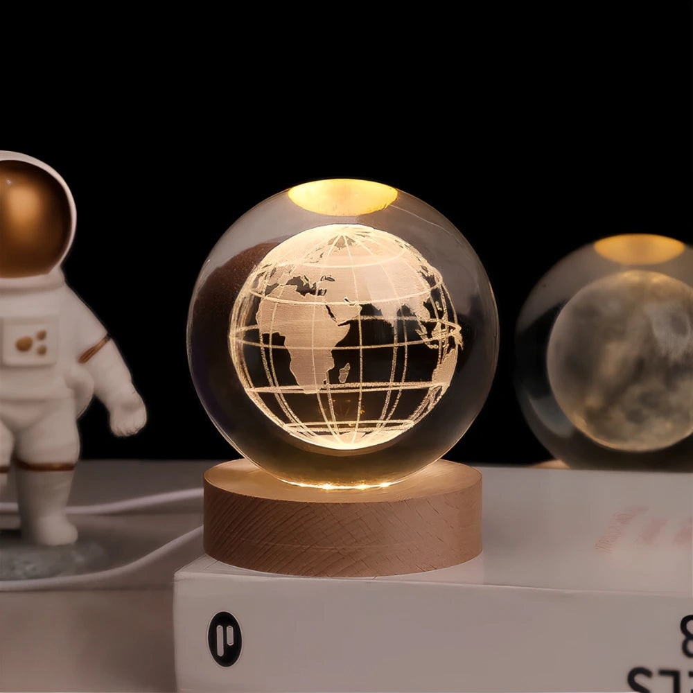 Crystal Lamp Ball Night Light 3D Laser Engraved Glass Wooden Base USB LED Decorative