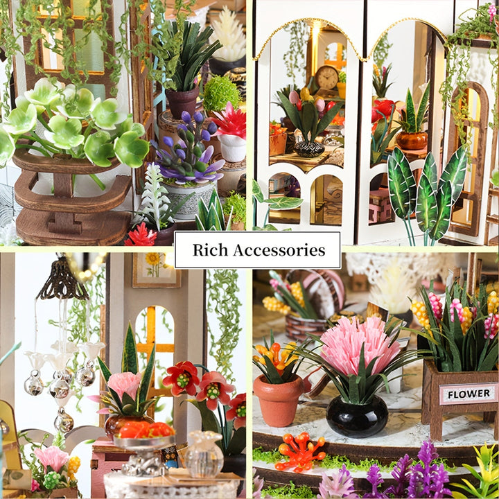 Miniature Flower House – 3D Wooden Puzzle with LED Lighting and Detailed Garden