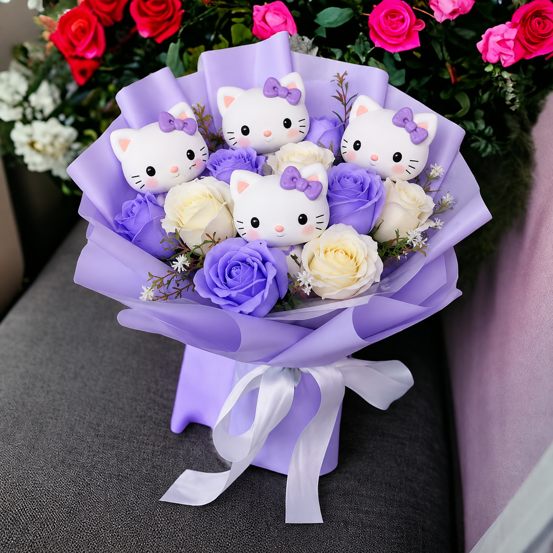 Colourful Synthetic Flower Bouquet With Kitty Figurines For Gifts And Decoration