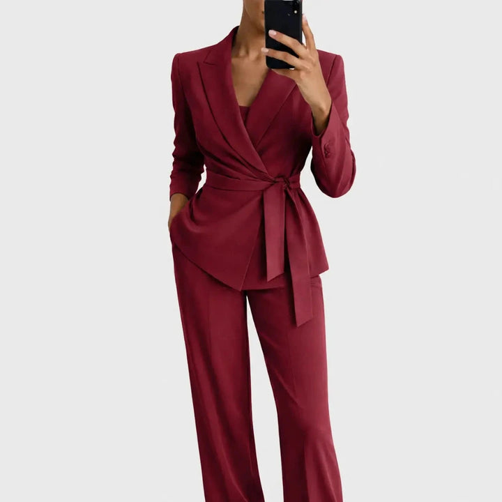 Women's Blazer and Trousers Set with Wrap Front and Tie Belt
