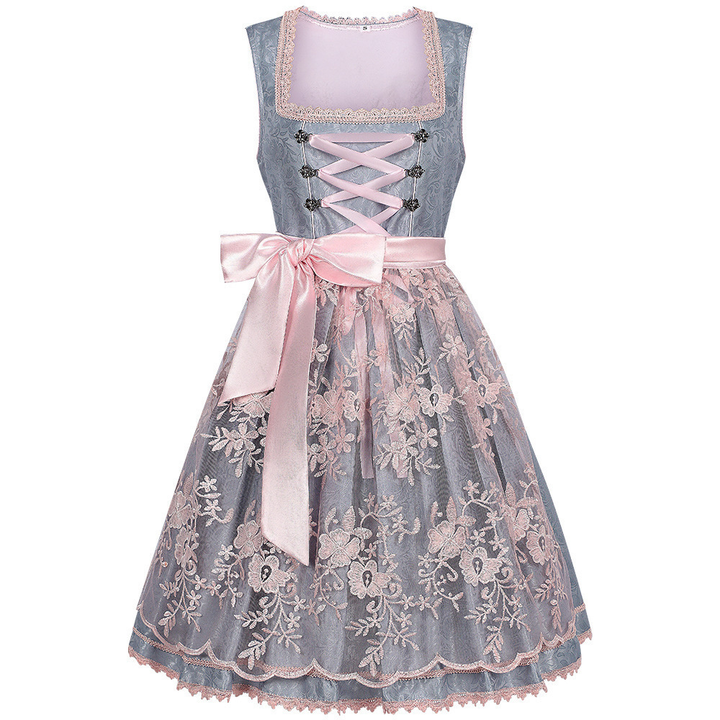 Women's dirndl dress with lace overskirt, front lacing and eyelets.