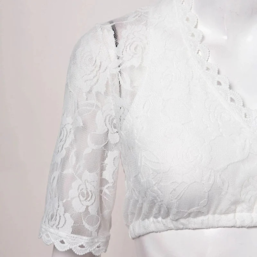 Women's Dirndl Crop Top with Floral Lace and Deep V-Neck