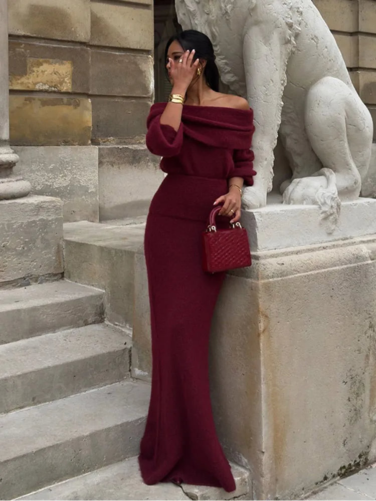 Eloah - Off Shoulder Pleated Knitted Maxi Dress