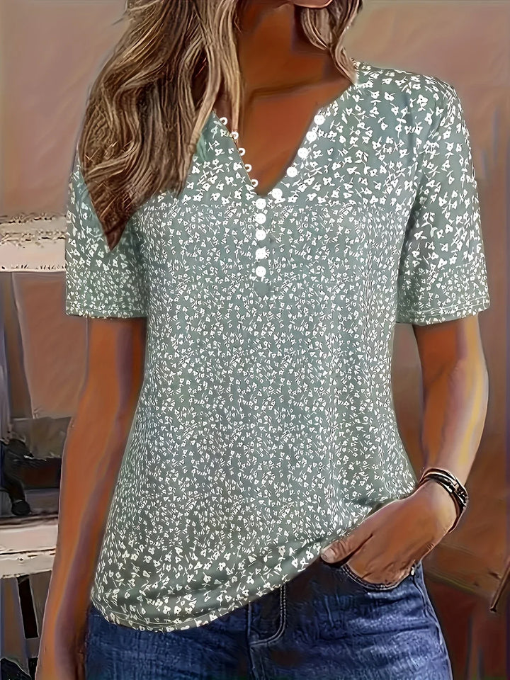 Casual Summer Top with V-Neck, Button Closure, and Short Sleeves