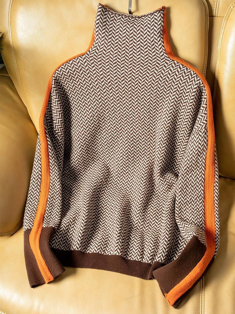 Women's High-Neck Jumper with Bold Contrast Stripes