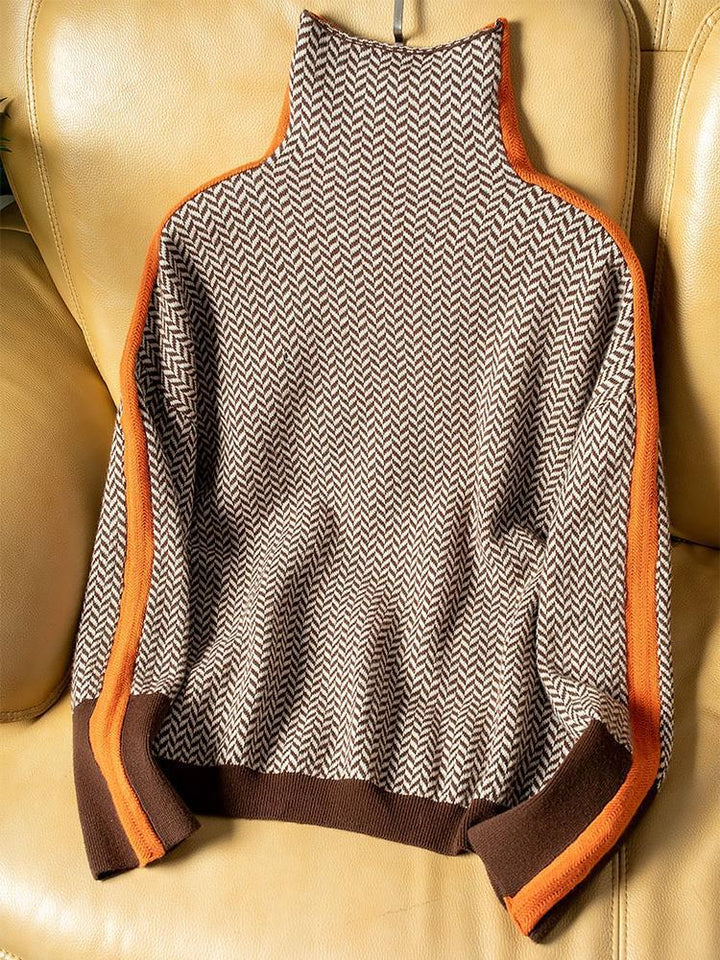 Women's High-Neck Jumper with Bold Contrast Stripes