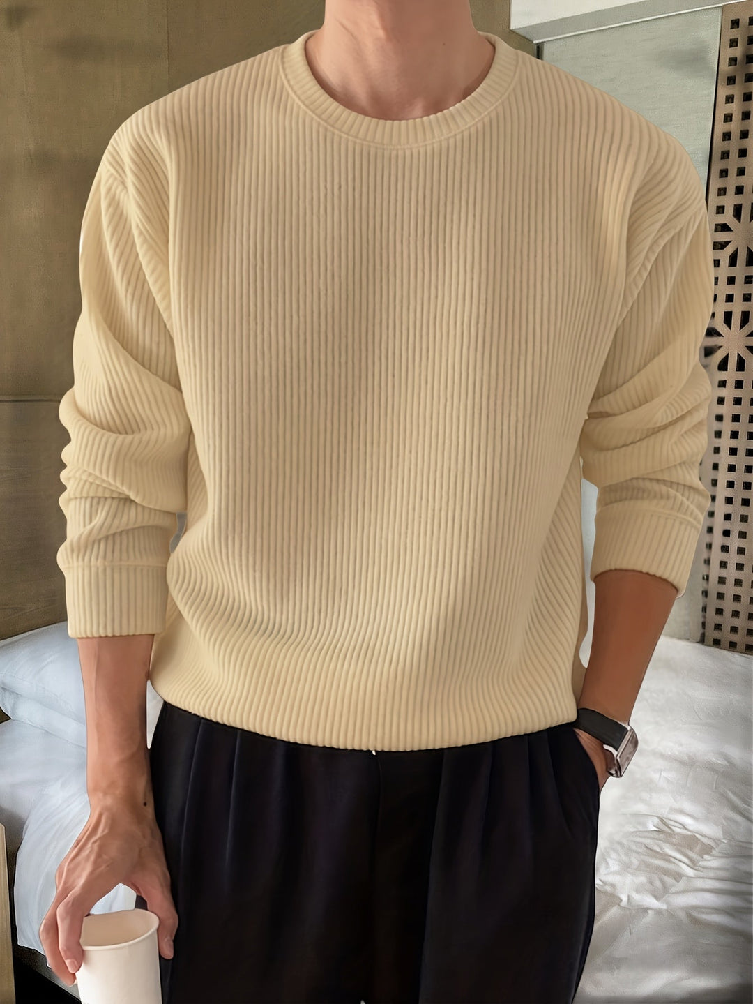 Men's Rib Knit Crew-Neck Jumper with Relaxed Fit