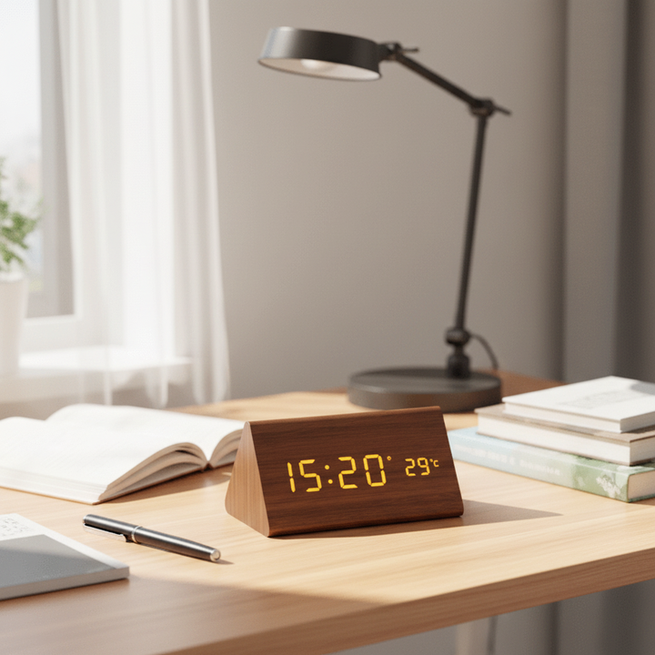 Digital Alarm Clock Wood LED Temperature Display Calendar Wooden