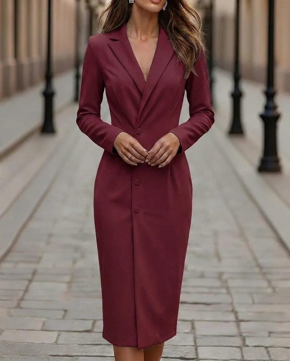 Double-Breasted Midi Blazer Dress with Peak Lapel