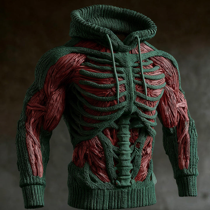 Men's Halloween Knitted Hoodie with 3D Skeleton Design, Long Sleeve