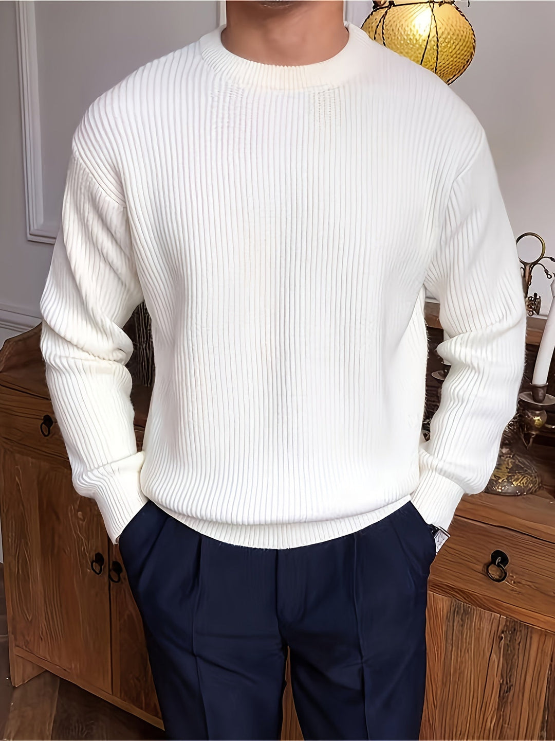 Men's Rib Knit Crew-Neck Jumper with Relaxed Fit