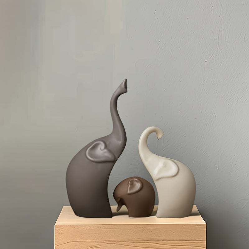 Set of 3 Ceramic Elephant Figurines – Modern Matte Decoration for Living Room or Office