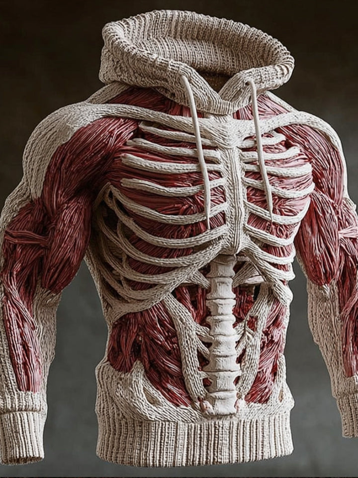 Men's Halloween Knitted Hoodie with 3D Skeleton Design, Long Sleeve