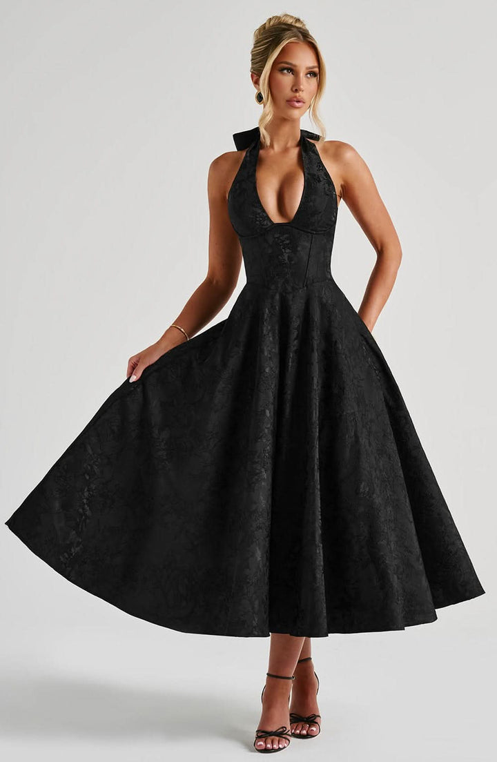 Floral Halterneck Midi Dress – Dress for Wedding Guests and Festive Occasions