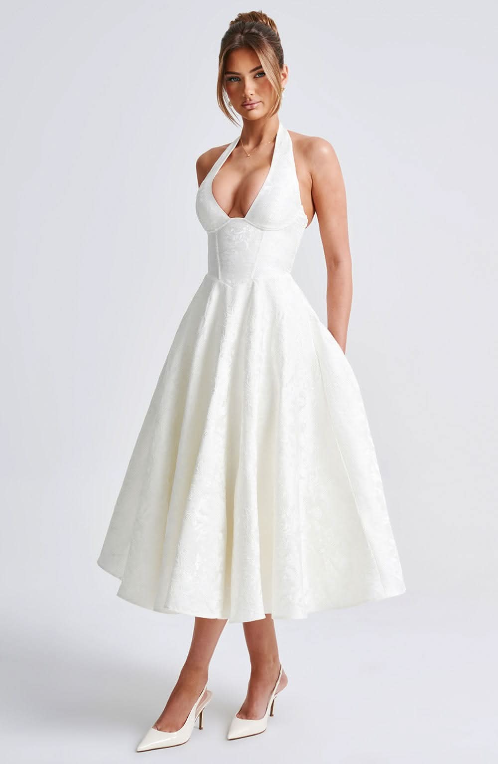 Floral Halterneck Midi Dress – Dress for Wedding Guests and Festive Occasions