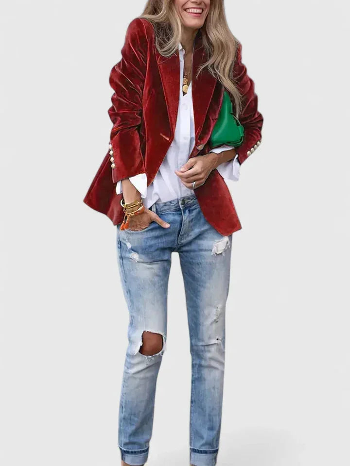 Velvet Button-Front Notch Lapel Blazer