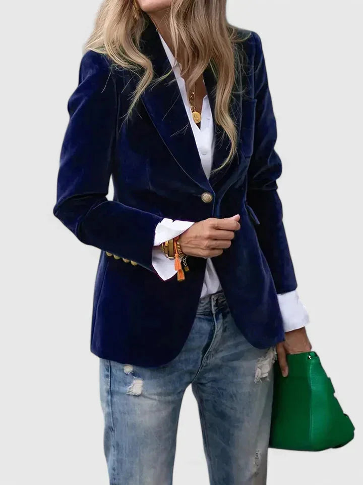 Velvet Button-Front Notch Lapel Blazer