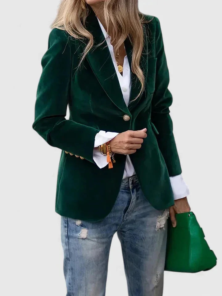 Velvet Button-Front Notch Lapel Blazer