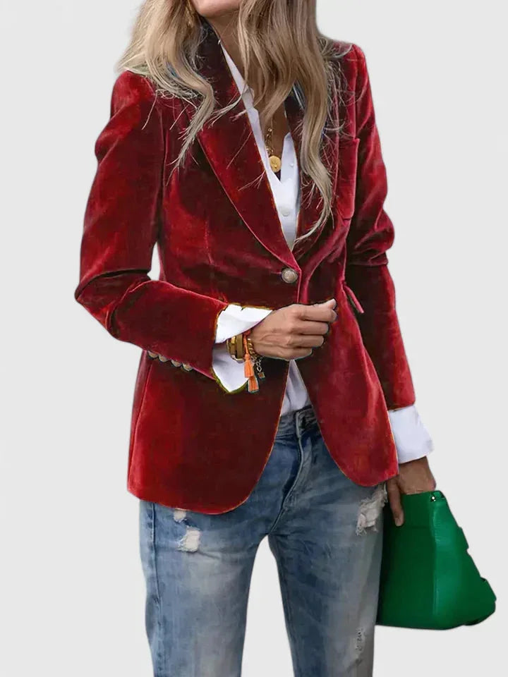 Velvet Button-Front Notch Lapel Blazer