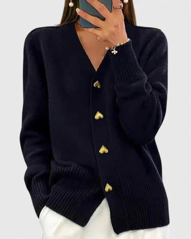 Knit Button-Front V-Neck Heart Cardigan