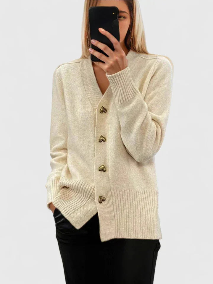 Knit Button-Front V-Neck Heart Cardigan