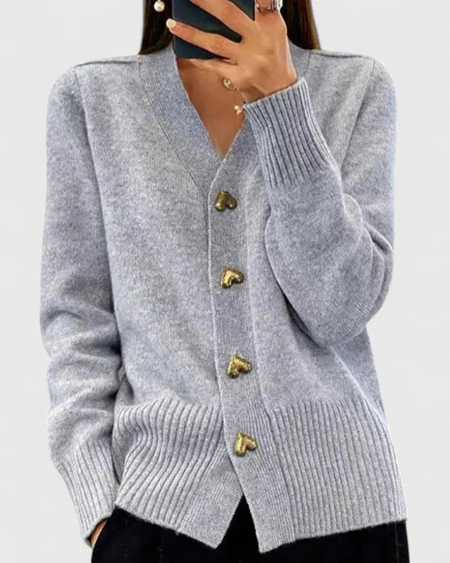 Knit Button-Front V-Neck Heart Cardigan