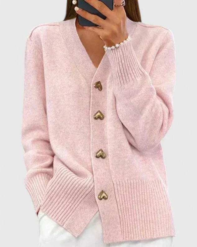 Knit Button-Front V-Neck Heart Cardigan