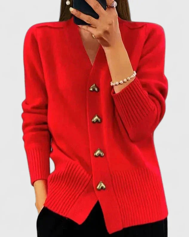 Knit Button-Front V-Neck Heart Cardigan