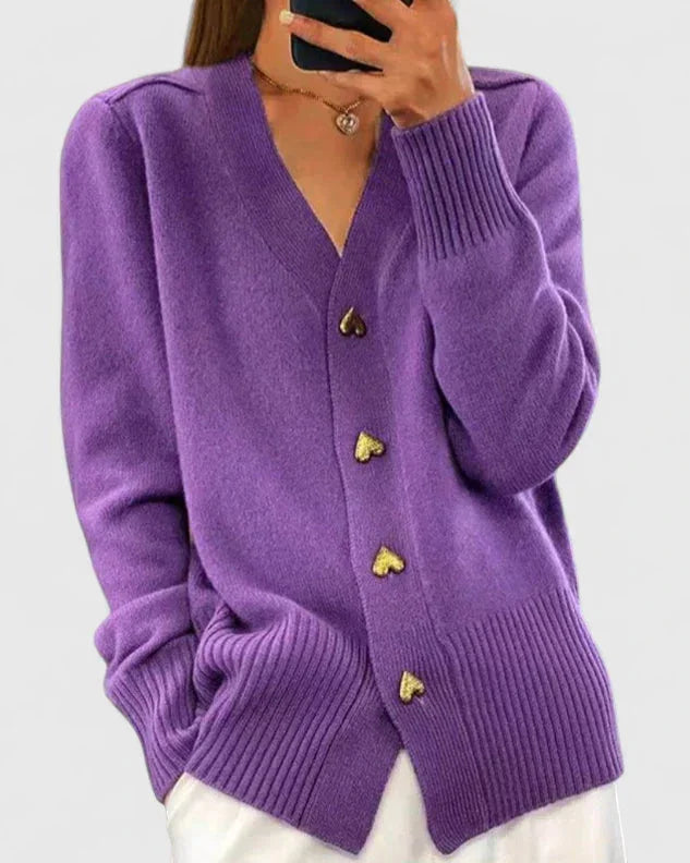 Knit Button-Front V-Neck Heart Cardigan
