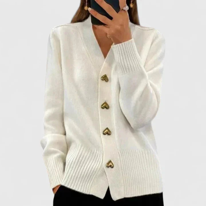 Knit Button-Front V-Neck Heart Cardigan