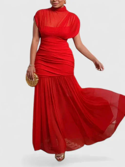 Stand Collar Maxi Dress with Sheer Mesh
