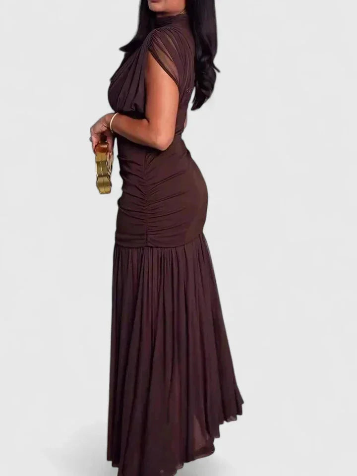 Stand Collar Maxi Dress with Sheer Mesh
