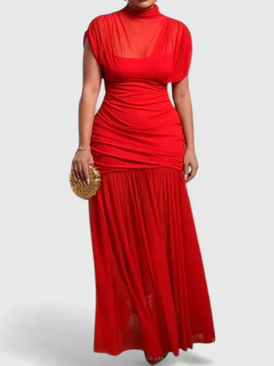 Stand Collar Maxi Dress with Sheer Mesh