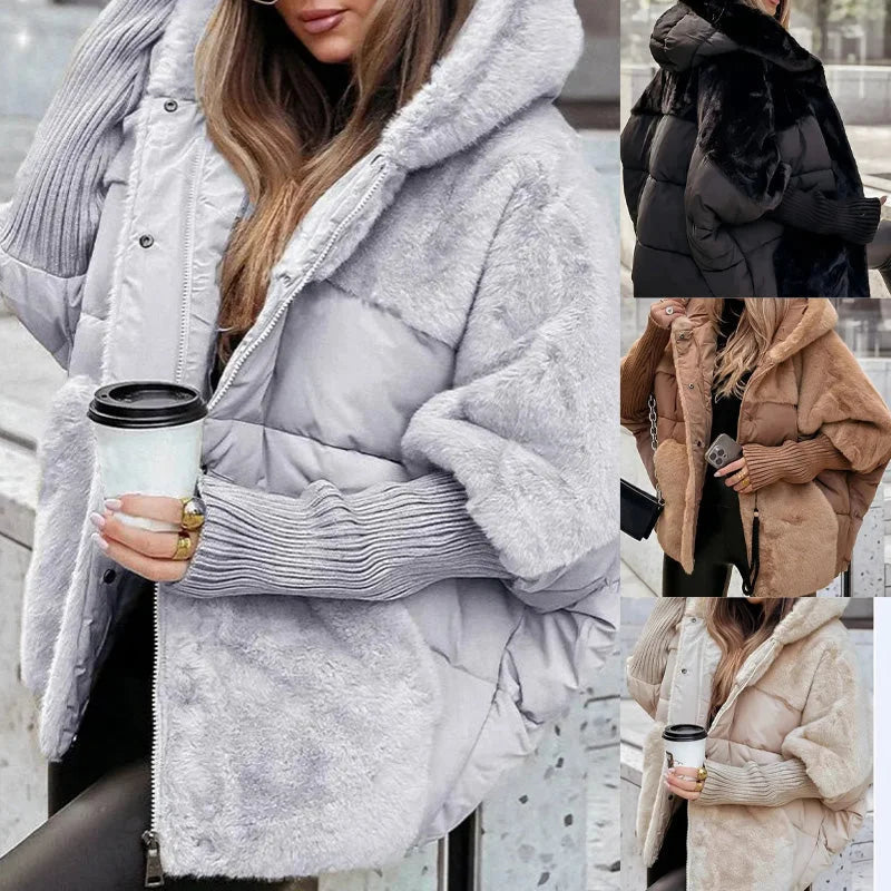 Quilted Zip-Up Hooded Puffer Jacket with Faux Fur Panels