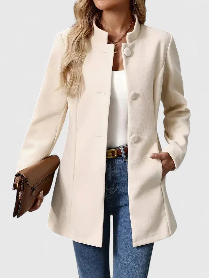 Button-Front Stand Collar Wool Coat